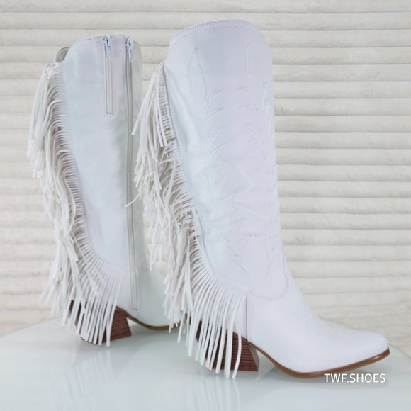 Dusty Roads Bright White Back Fringe Cowboy Western Cowgirl Boots Tuck Zipper - Picture 3 of 13